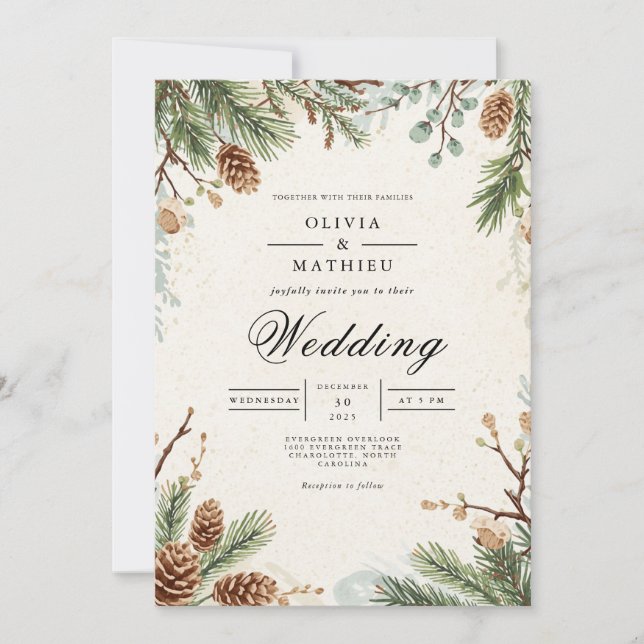 Frosted Pinecone Botanical Wedding Invitation (Front)