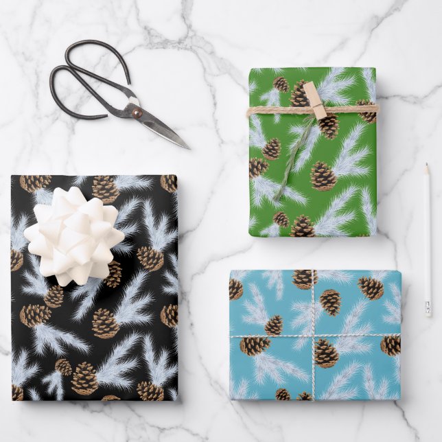 Frosted Pinecone Evergreen Christmas Pattern Wrapping Paper Sheet (Front)
