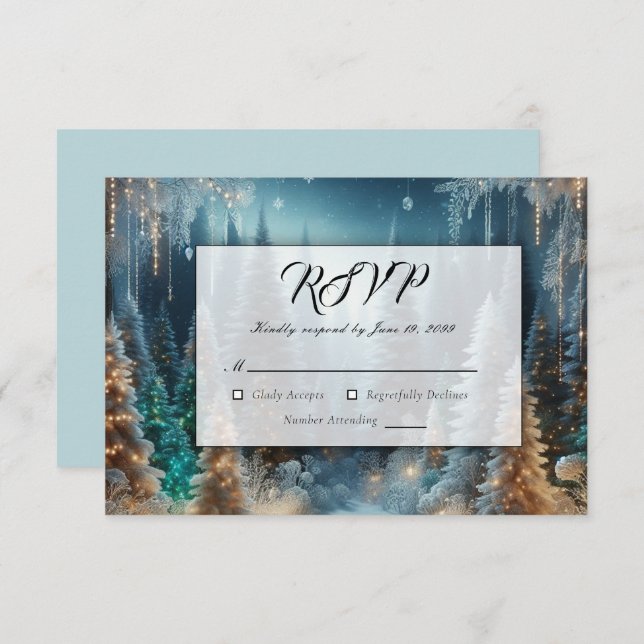 Frosted Pines in Winter Glow Wedding RSVP Card (Front/Back)