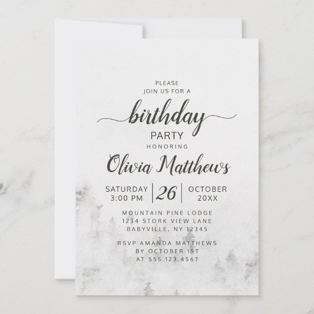 Frosted Pines Rustic White Mountain Birthday Party Invitation (Front)