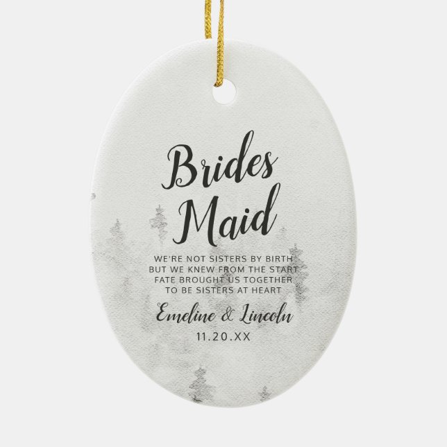 Frosted Pines Rustic White Winter Bridesmaid Quote Ceramic Ornament (Back)