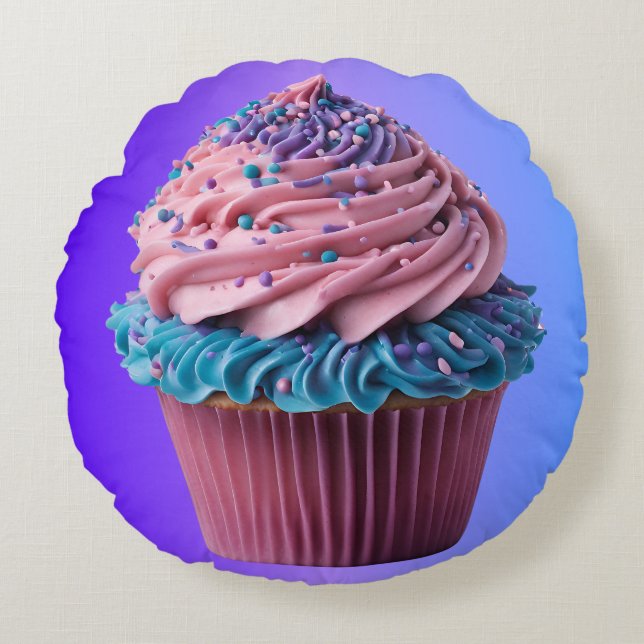 Frosted Pink and Blue Cupcake Round Pillow (Front)