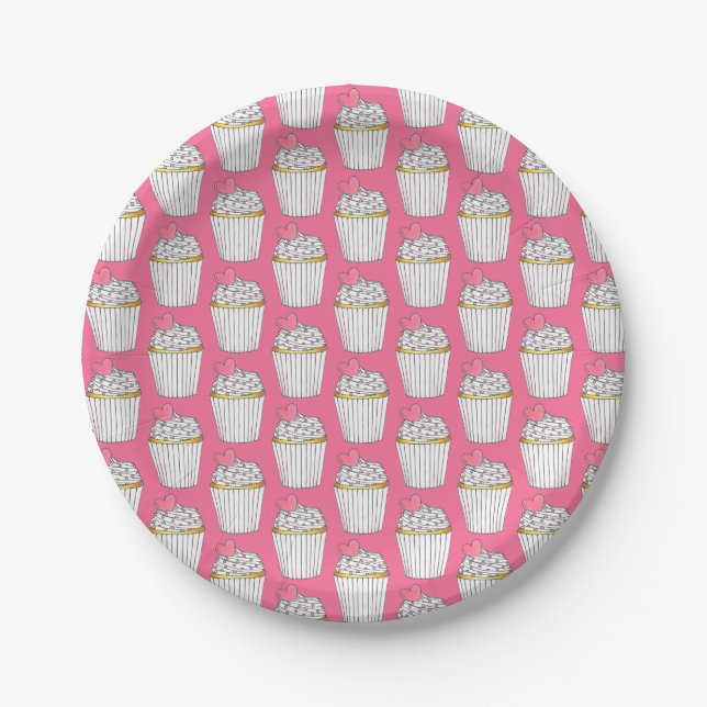 Frosted Pink Heart Cupcake Sprinkles Dessert Love Paper Plate (Front)