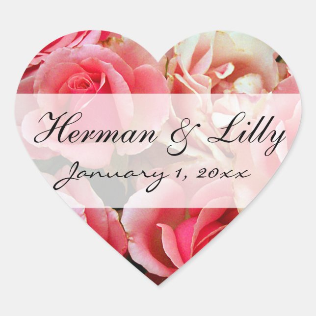 Frosted Pink Roses Personalized Wedding Heart Sticker (Front)