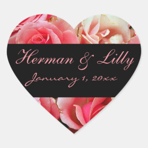 Frosted Pink Roses Personalized Wedding Heart Sticker