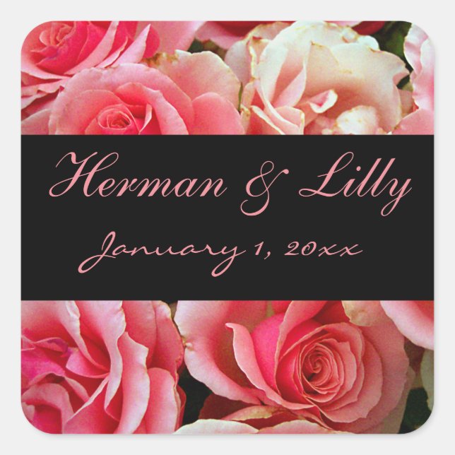 Frosted Pink Roses Personalized Wedding Square Sticker (Front)