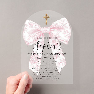 FROSTED Pink Toile Bow Girl First Communion Arch Acrylic Invitations