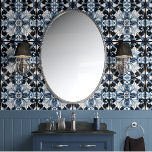 Frosted Regal Bloom Blue White Black Traditional Wallpaper