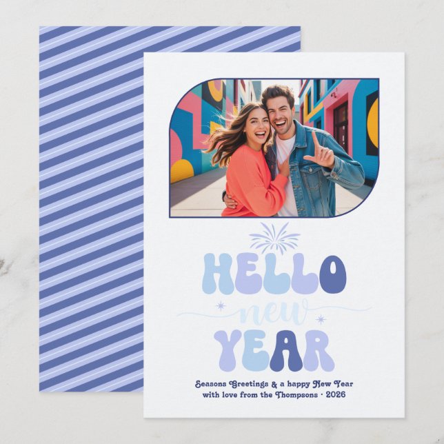 Frosted Sky Hello New Year Blue Retro Photo Holiday Card (Front/Back)