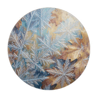 Frosted Snowflake Crystals Golden Autumn Leaves Cutting Board