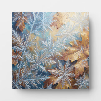 Frosted Snowflake Crystals Golden Autumn Leaves Plaque