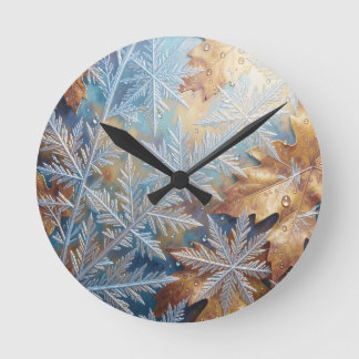 Frosted Snowflake Crystals Golden Autumn Leaves Round Clock