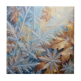 Frosted Snowflake Crystals Golden Autumn Leaves Tile