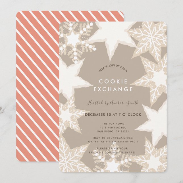 Frosted Snowflakes Brown Cookie Exchange Party Invitation (Front/Back)