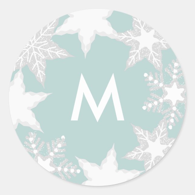 Frosted Snowflakes Light Blue Monogram Holiday Classic Round Sticker (Front)