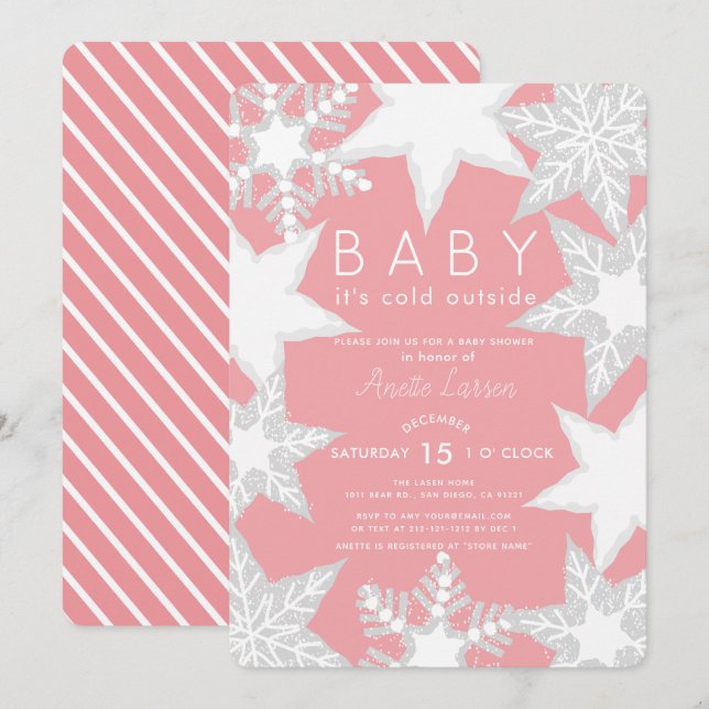 Frosted Snowflakes Pink Winter Baby Shower Invitation (Front/Back)