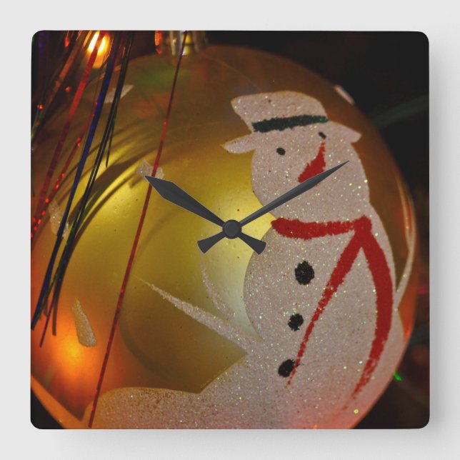 Frosted Snowman Ornament Square Wall Clock (Front)