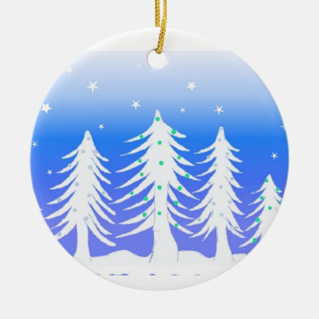 Frosted White Christmas Trees Ceramic Ornament (Front)
