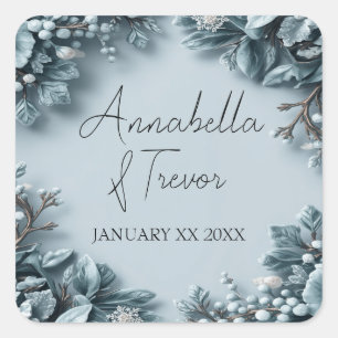 Frosted Winter Florals Custom Name Wedding Square Sticker