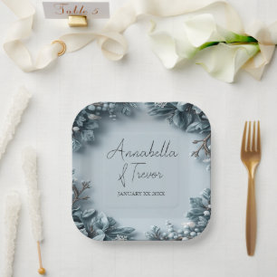 Frosted Winter Florals Wedding Custom Name Paper Plate