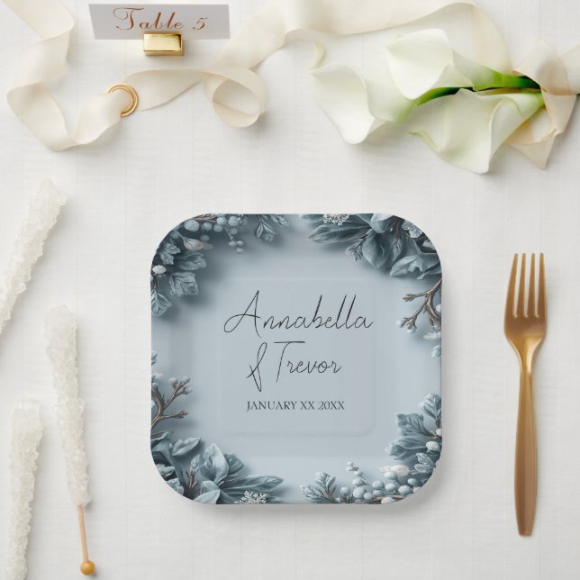 Frosted Winter Florals Wedding Custom Name Paper Plate (Wedding)