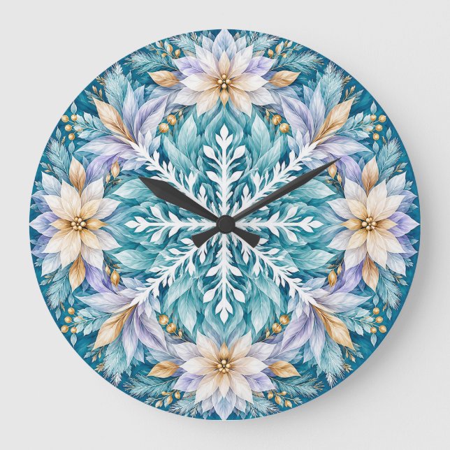 Frostflower Winter Mandala Large Clock (Front)