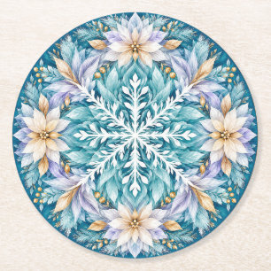 Frostflower Winter Mandala Round Paper Coaster