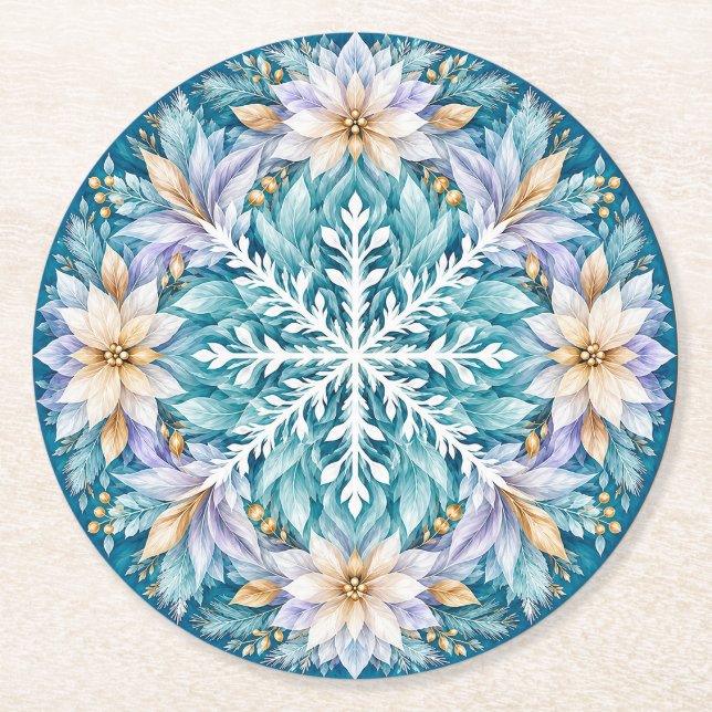 Frostflower Winter Mandala Round Paper Coaster (Front)