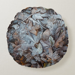 Frosty Autumn Leaves Round Pillow