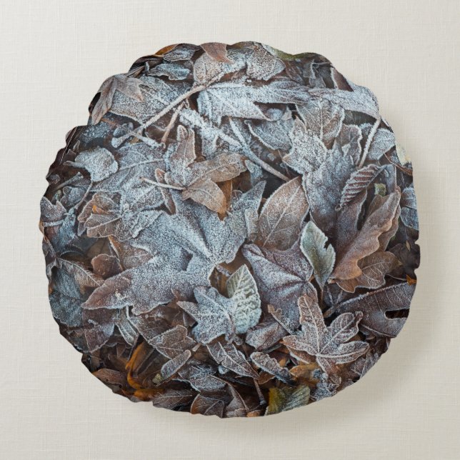 Frosty Autumn Leaves Round Pillow (Front)
