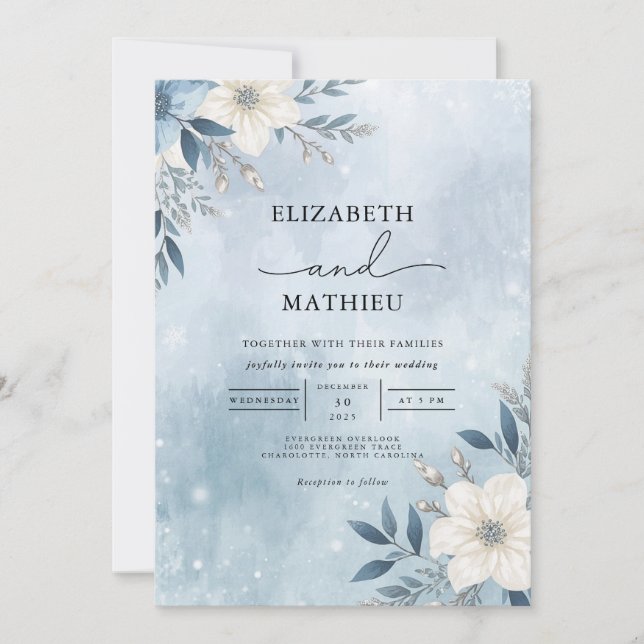 Frosty Blue Branch Bloom Wedding Invitation (Front)
