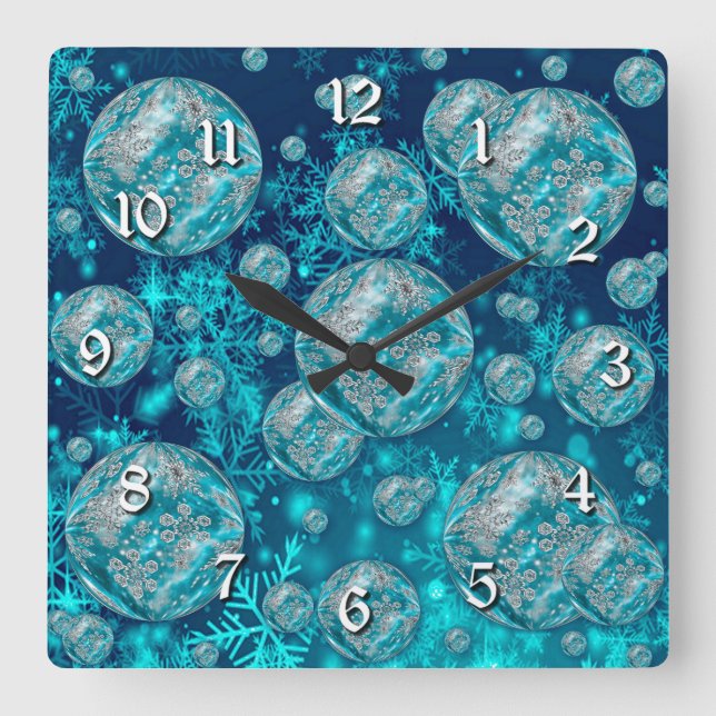 Frosty Blue Snowflake Bubbles Square Wall Clock (Front)
