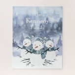 Frosty Blue Snowmen Family Puzzle<br><div class="desc">This jigsaw puzzle features a watercolor design snowman trio on a soft blue watercolor wash forest background. Add your family's name to personalize it. Makes a great holiday gift. Created by Simply Farmhouse Press.</div>