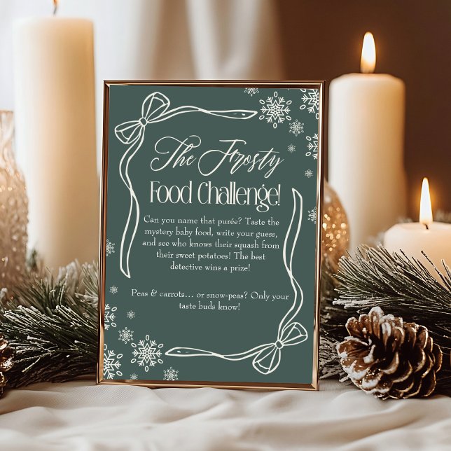 Frosty Bow Green Baby Food Challenge Game Sign Invitation (Frosty Bow Green Baby Food Challenge Game Sign)