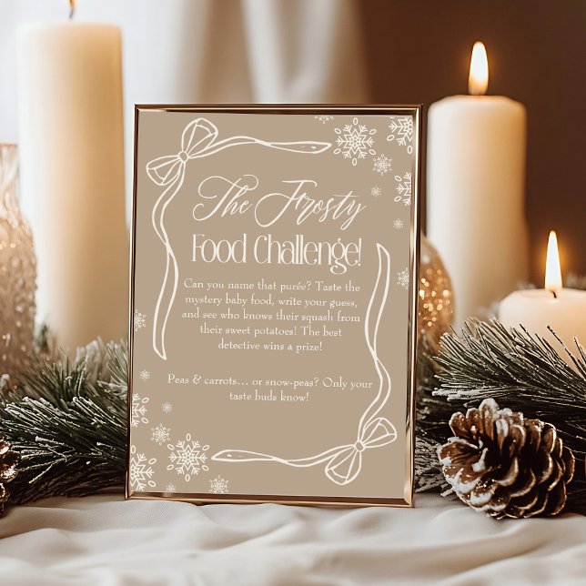 Frosty Bow Taupe Baby Food Challenge Game Sign Invitation (Frosty Bow Taupe Baby Food Challenge Game Sign)