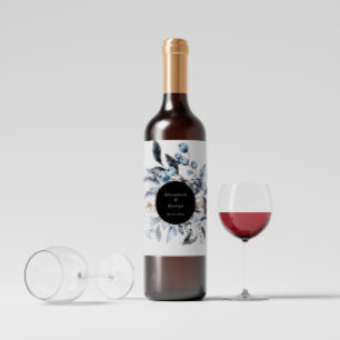 Frosty Dusty Blue Winter Floral Monogram Wedding Wine Label