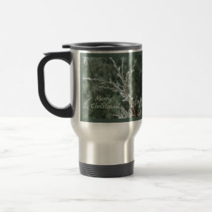 Frosty Evergreen Branch Merry Christmas Travel Mug