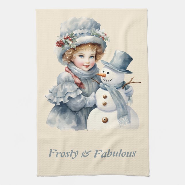 Frosty & Fabulous Cute Girl Snowman Christmas Kitchen Towel (Vertical)
