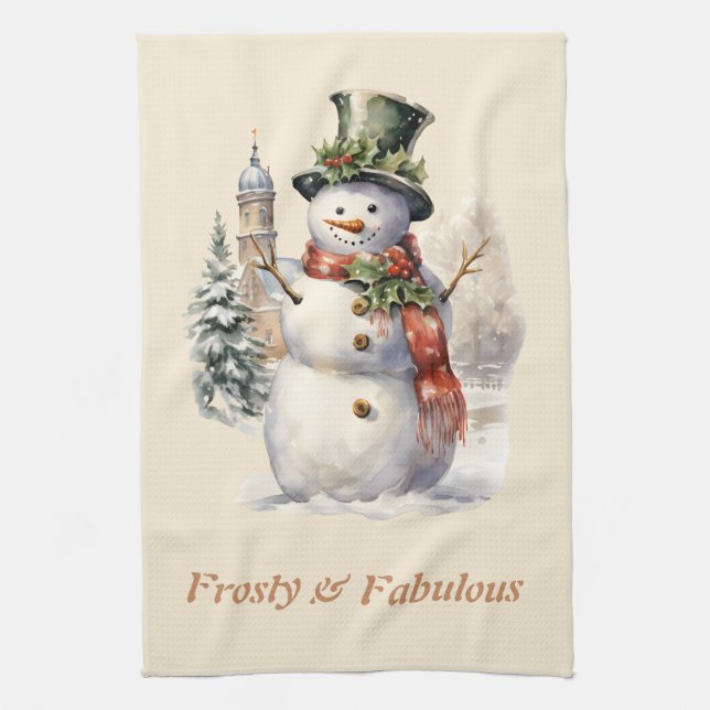 Frosty & Fabulous Cute Snowman Christmas Kitchen Towel (Vertical)