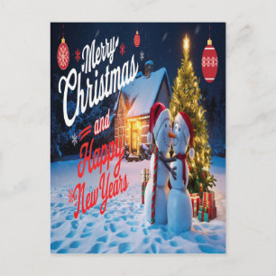Frosty Friends: Snowman and Christmas Tree Dance Postcard