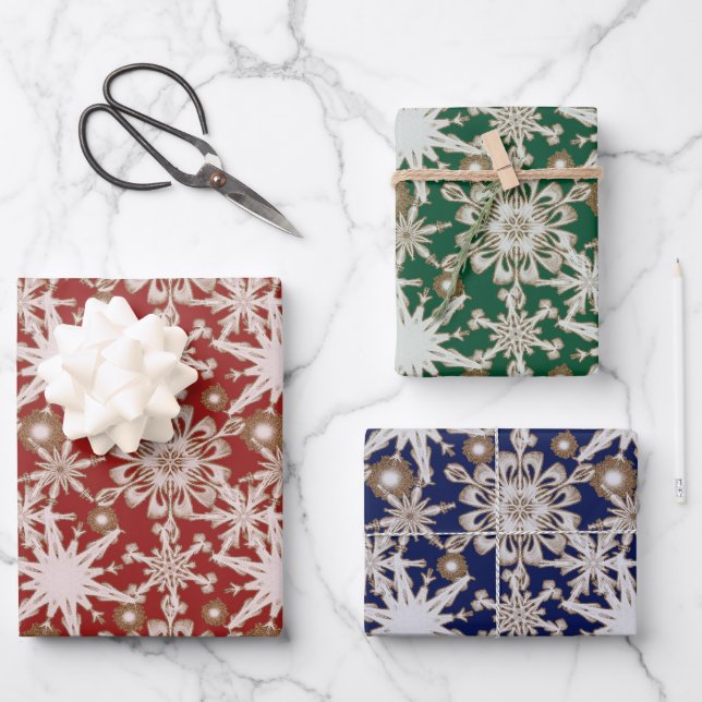 Frosty Gold Trimmed Snowflakes  Wrapping Paper She (Front)