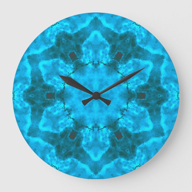 Frosty Ice Blue Snowflake Kaleidoscope Pattern Large Clock (Front)