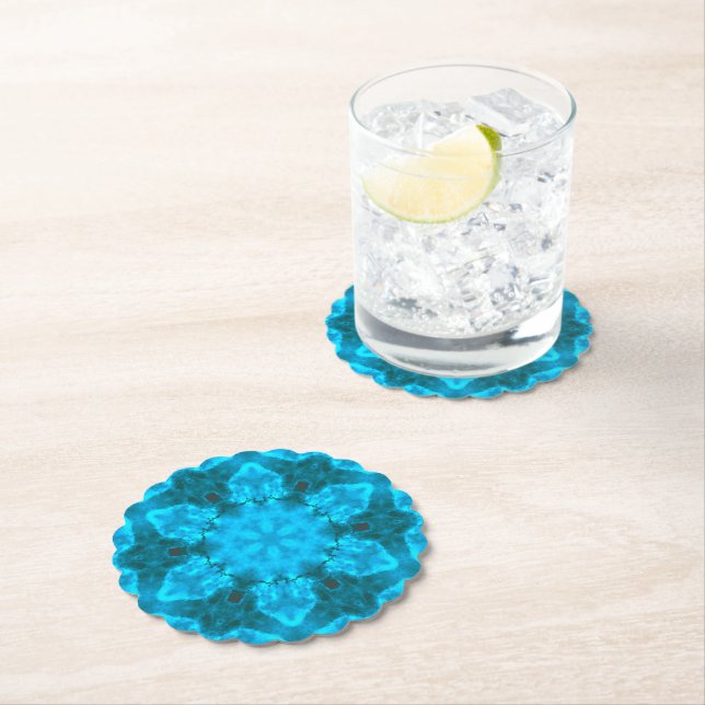 Frosty Ice Blue Snowflake Kaleidoscope Pattern Paper Coaster (Insitu)