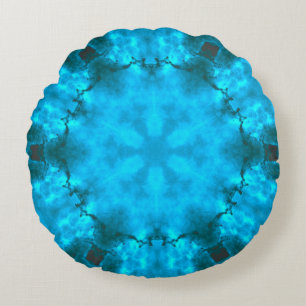 Frosty Ice Blue Snowflake Kaleidoscope Pattern Round Pillow