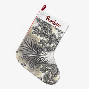 Frosty Ice Crystals Frozen Look Fractal With Name Large Christmas Stocking