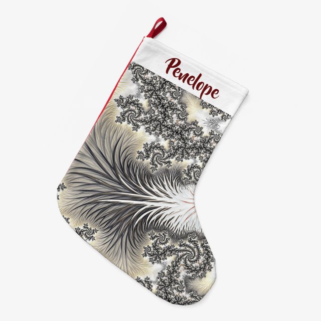 Frosty Ice Crystals Frozen Look Fractal With Name Large Christmas Stocking (Front (Hanging))