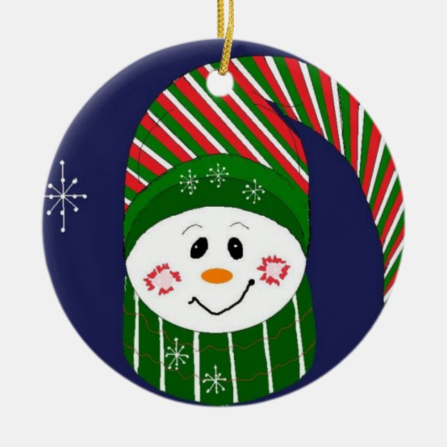 Frosty in Striped Hat and Scarf Ceramic Ornament (Front)
