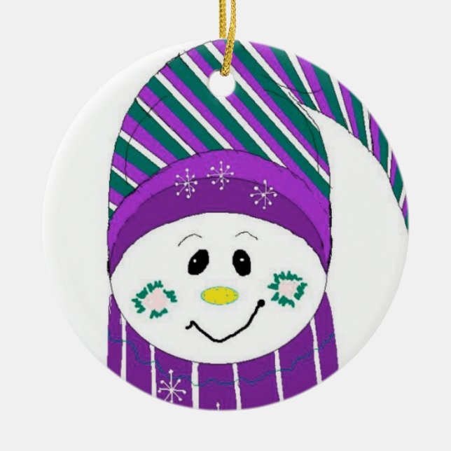 Frosty in Striped Hat and Scarf Ceramic Ornament (Front)