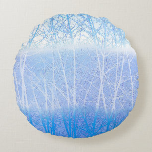 Frosty MIsty Trees Baby Blue Round Pillow