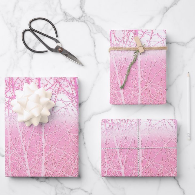 Frosty Misty Trees in Peach and Pink Wrapping Paper Sheet (Front)